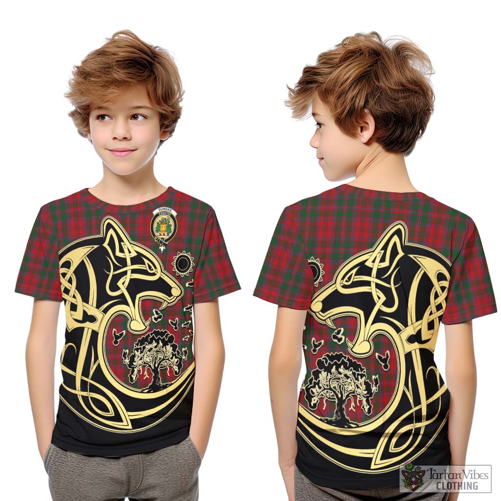 Tartan Vibes Clothing Dundas Red Tartan Kid T-Shirt with Family Crest Celtic Wolf Style