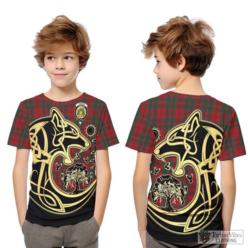 Dundas Red Tartan Kid T-Shirt with Family Crest Celtic Wolf Style