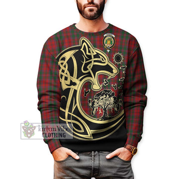 Dundas Red Tartan Sweatshirt with Family Crest Celtic Wolf Style