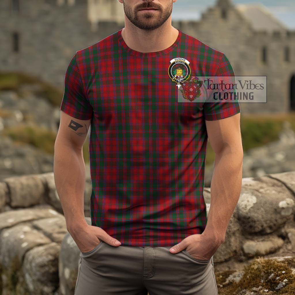 Tartan Vibes Clothing Dundas Red Tartan Cotton T-Shirt with Family Crest