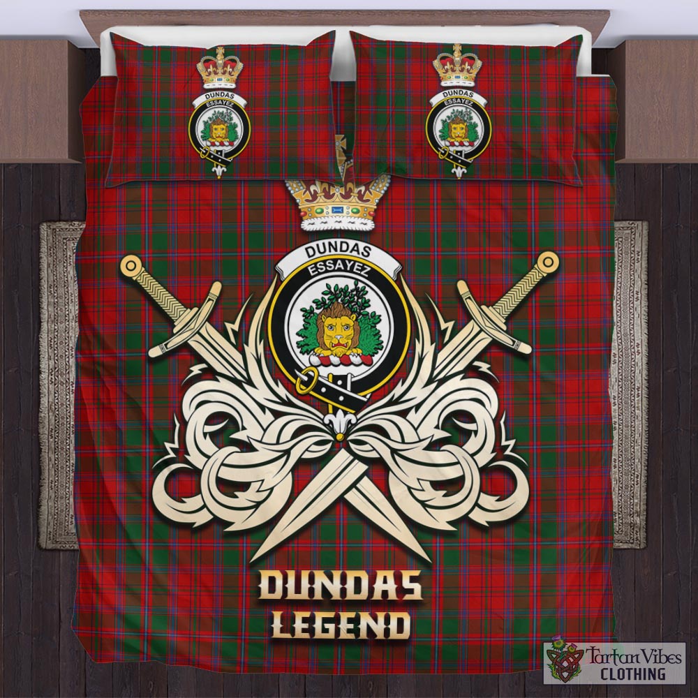 Tartan Vibes Clothing Dundas Red Tartan Bedding Set with Clan Crest and the Golden Sword of Courageous Legacy