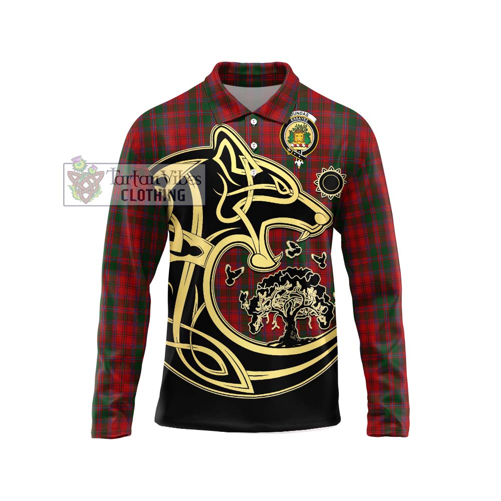 Tartan Vibes Clothing Dundas Red Tartan Long Sleeve Polo Shirt with Family Crest Celtic Wolf Style