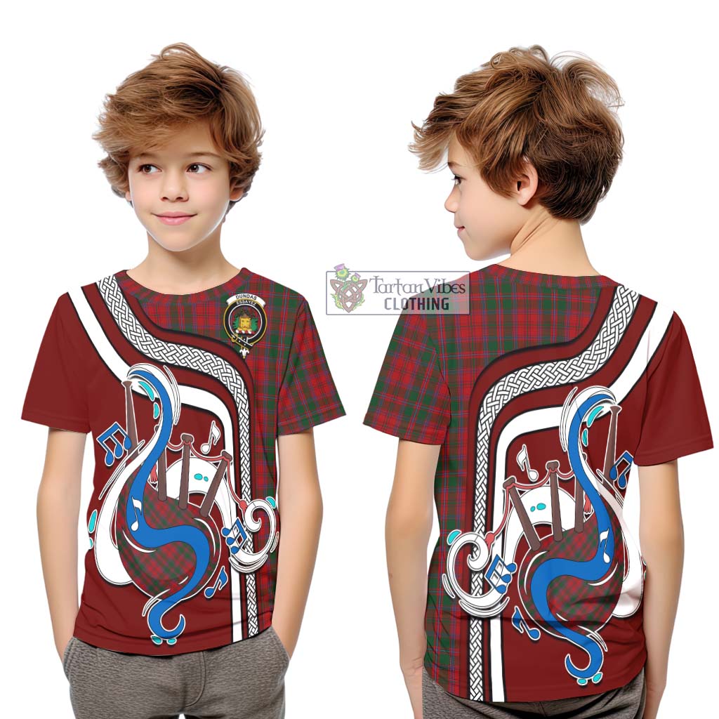 Tartan Vibes Clothing Dundas Red Tartan Kid T-Shirt with Epic Bagpipe Style