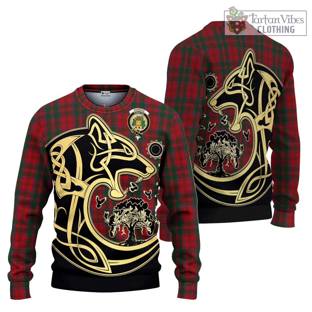 Tartan Vibes Clothing Dundas Red Tartan Knitted Sweater with Family Crest Celtic Wolf Style