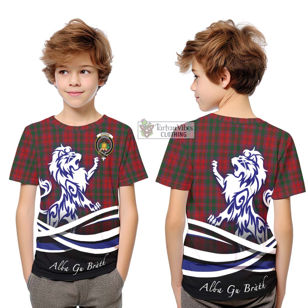 Tartan Vibes Clothing Dundas Red Tartan Kid T-Shirt with Alba Gu Brath Regal Lion Emblem