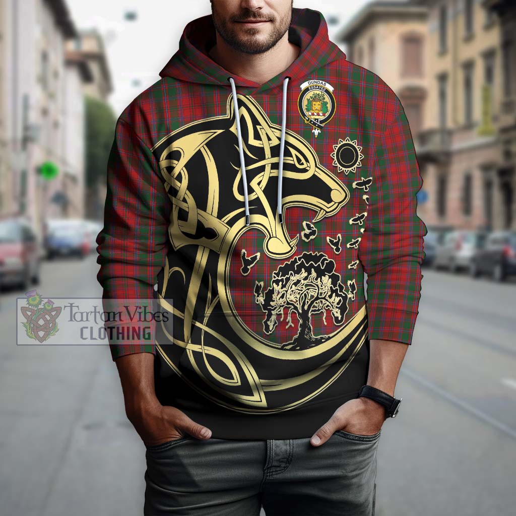Tartan Vibes Clothing Dundas Red Tartan Hoodie with Family Crest Celtic Wolf Style