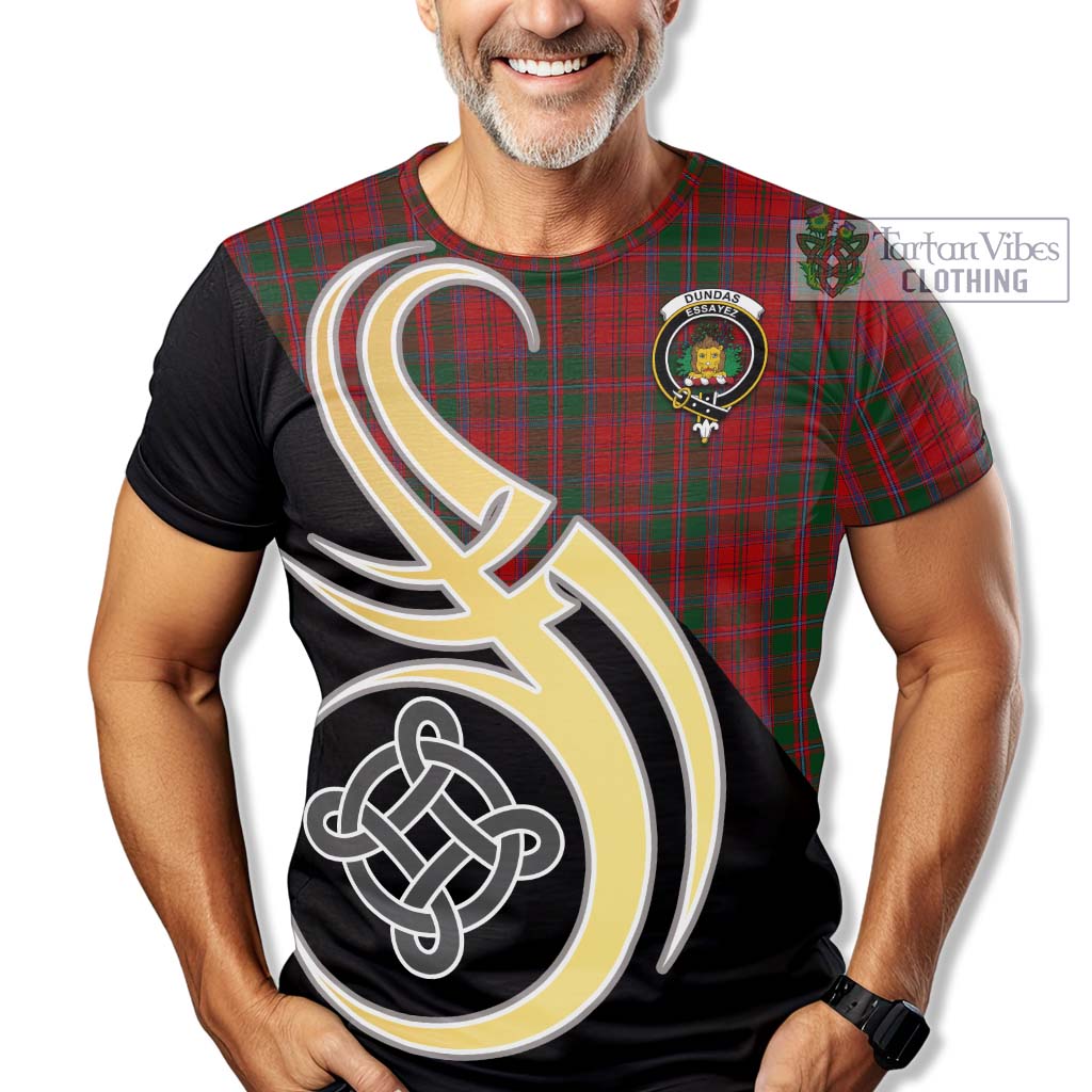 Tartan Vibes Clothing Dundas Red Tartan T-Shirt with Family Crest and Celtic Symbol Style