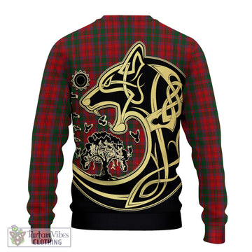 Dundas Red Tartan Knitted Sweater with Family Crest Celtic Wolf Style