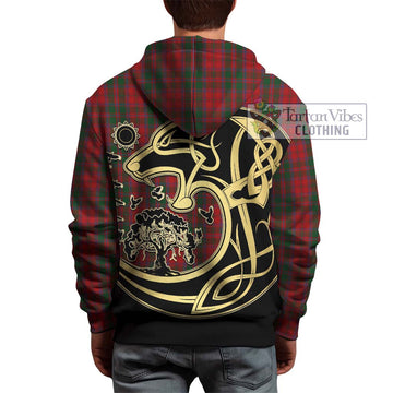 Dundas Red Tartan Hoodie with Family Crest Celtic Wolf Style