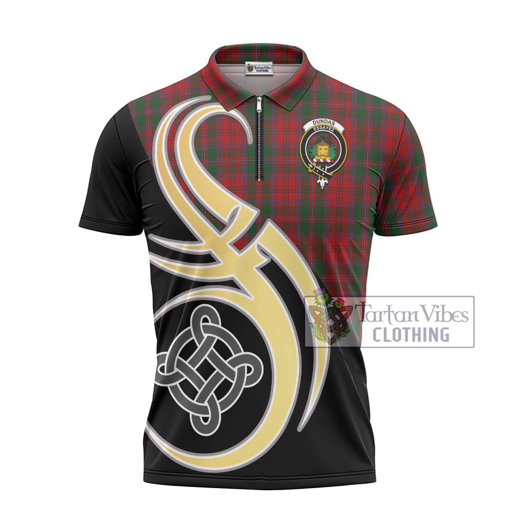 Tartan Vibes Clothing Dundas Red Tartan Zipper Polo Shirt with Family Crest and Celtic Symbol Style