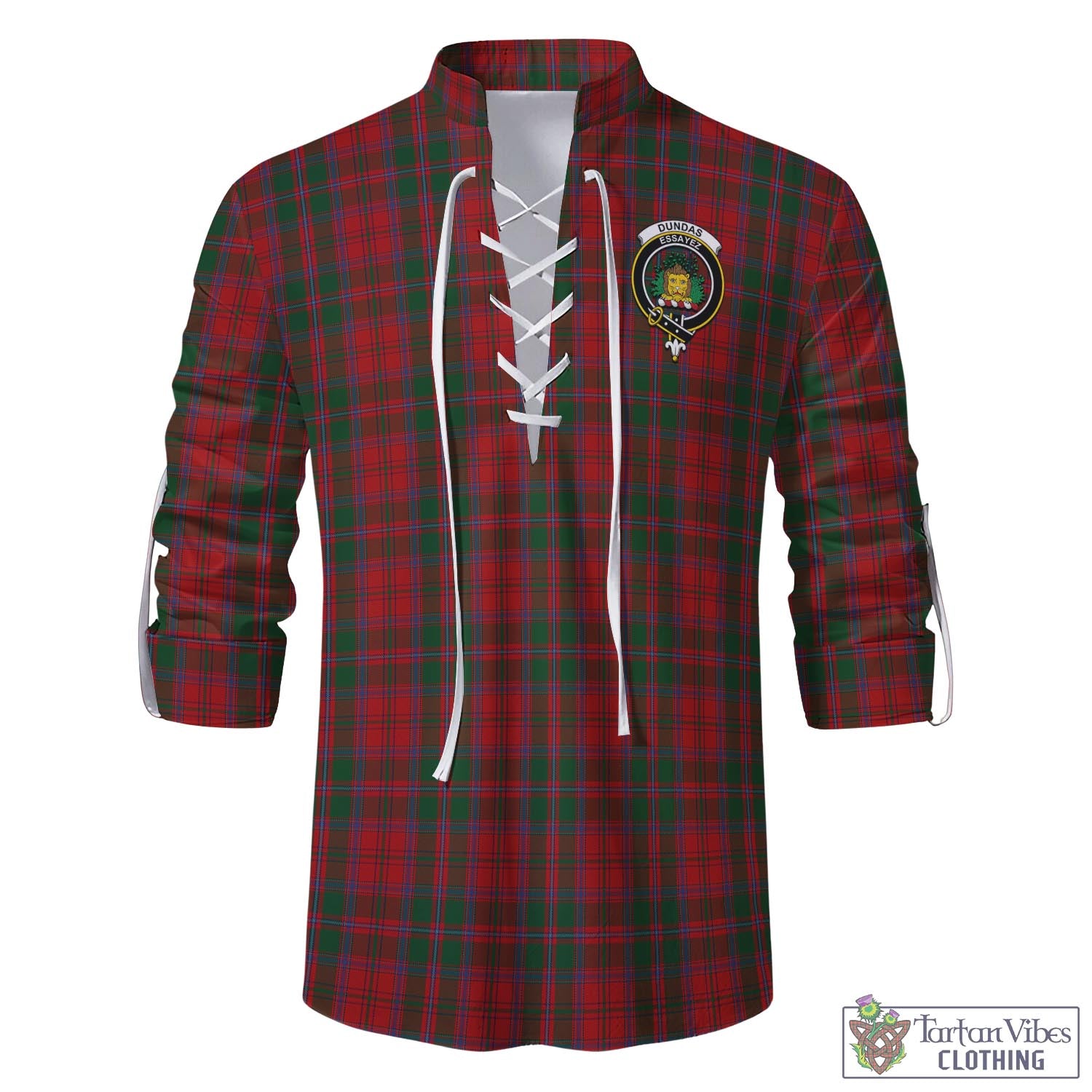 Tartan Vibes Clothing Dundas Red Tartan Men's Scottish Traditional Jacobite Ghillie Kilt Shirt with Family Crest