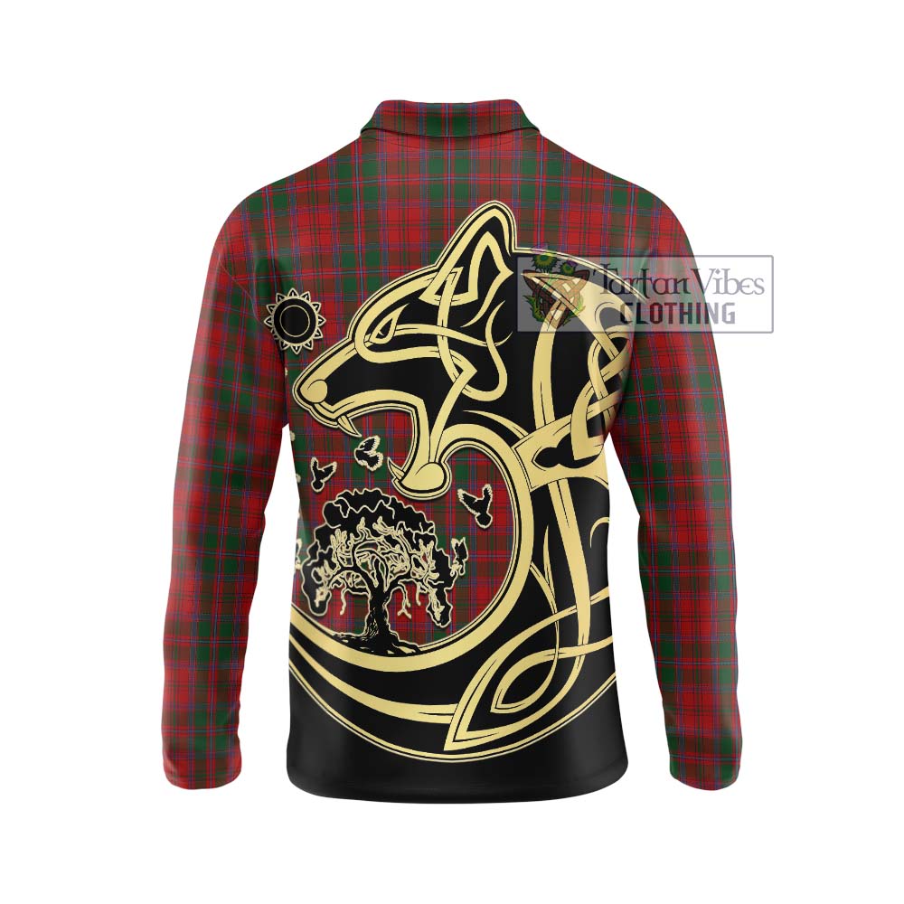 Tartan Vibes Clothing Dundas Red Tartan Long Sleeve Polo Shirt with Family Crest Celtic Wolf Style