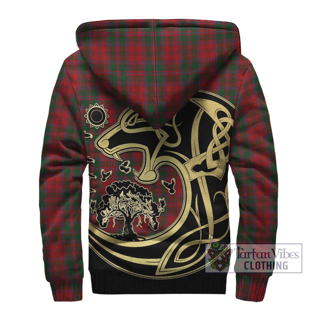 Tartan Vibes Clothing Dundas Red Tartan Sherpa Hoodie with Family Crest Celtic Wolf Style