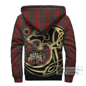 Dundas Red Tartan Sherpa Hoodie with Family Crest Celtic Wolf Style
