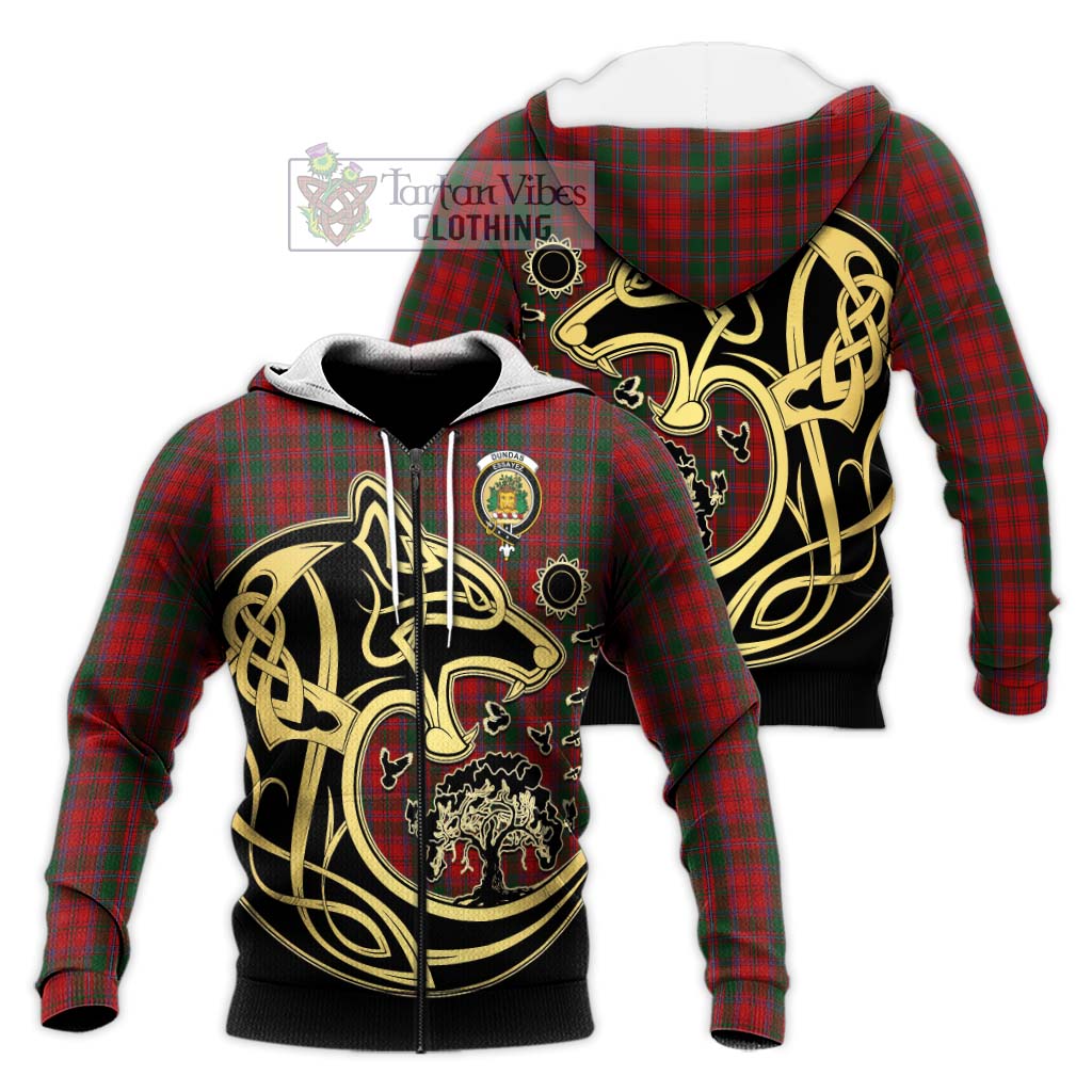 Tartan Vibes Clothing Dundas Red Tartan Knitted Hoodie with Family Crest Celtic Wolf Style