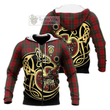 Dundas Red Tartan Knitted Hoodie with Family Crest Celtic Wolf Style