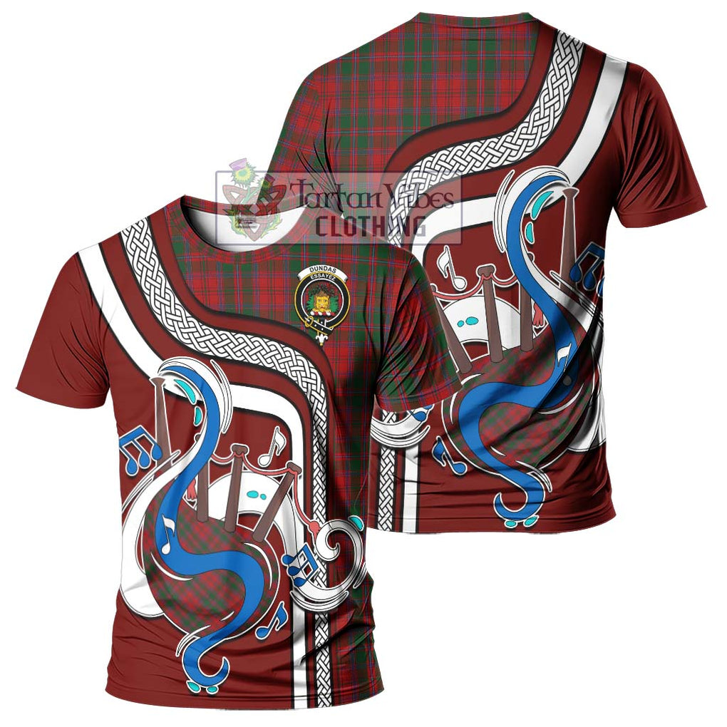 Dundas Red Tartan T-Shirt with Epic Bagpipe Style - Tartanvibesclothing Shop