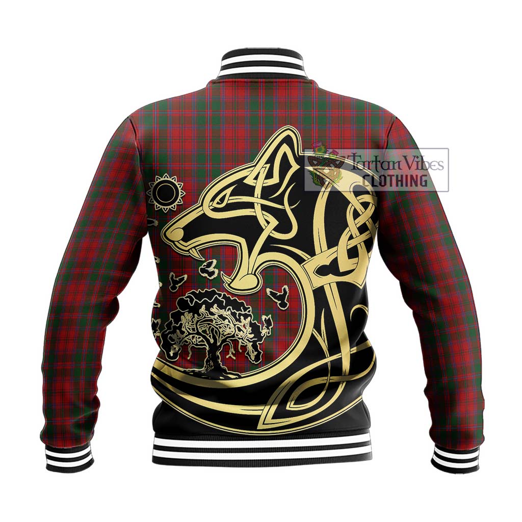 Tartan Vibes Clothing Dundas Red Tartan Baseball Jacket with Family Crest Celtic Wolf Style