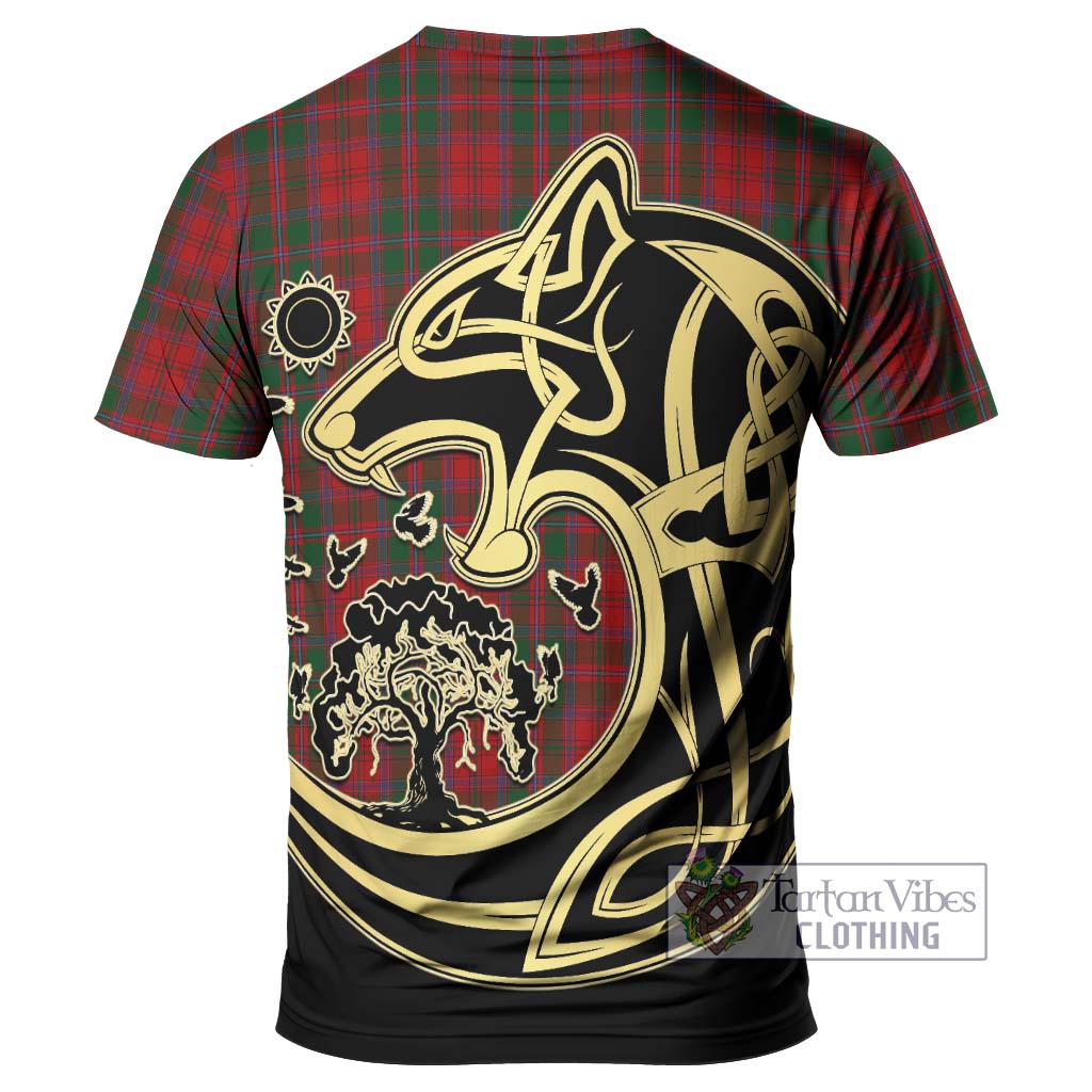 Tartan Vibes Clothing Dundas Red Tartan T-Shirt with Family Crest Celtic Wolf Style