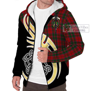 Dundas Red Tartan Sherpa Hoodie with Family Crest and Celtic Symbol Style