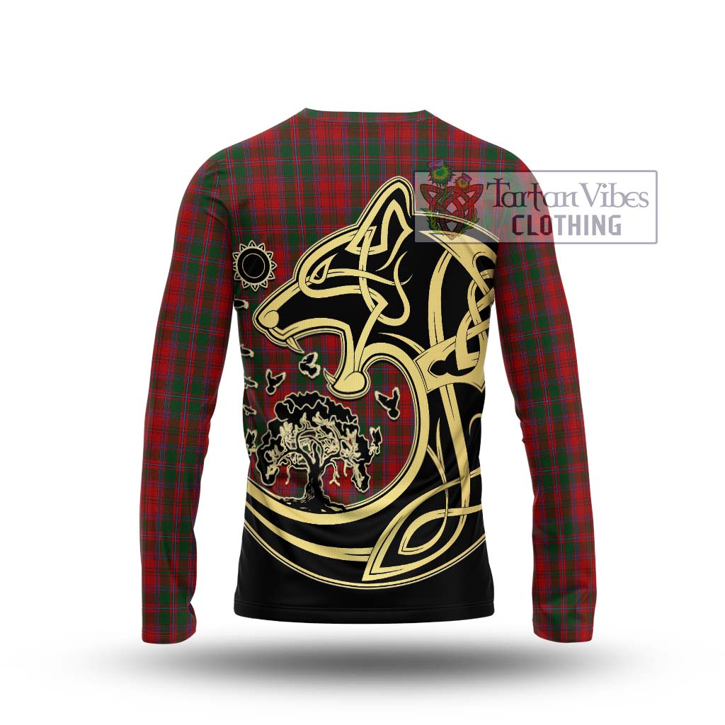 Tartan Vibes Clothing Dundas Red Tartan Long Sleeve T-Shirt with Family Crest Celtic Wolf Style