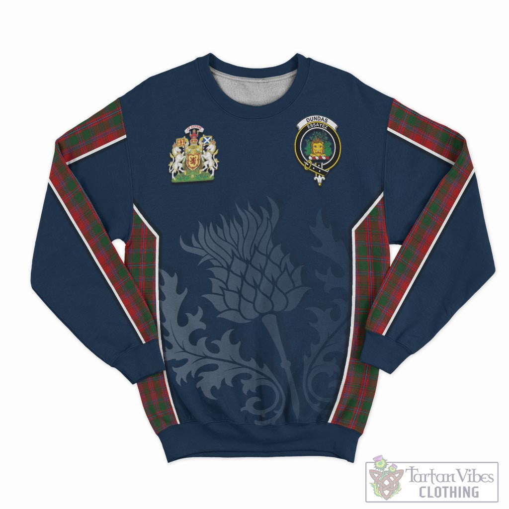 Tartan Vibes Clothing Dundas Red Tartan Sweatshirt with Family Crest and Scottish Thistle Vibes Sport Style