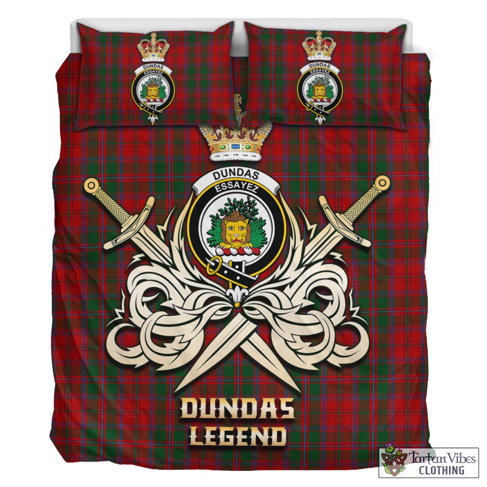 Tartan Vibes Clothing Dundas Red Tartan Bedding Set with Clan Crest and the Golden Sword of Courageous Legacy