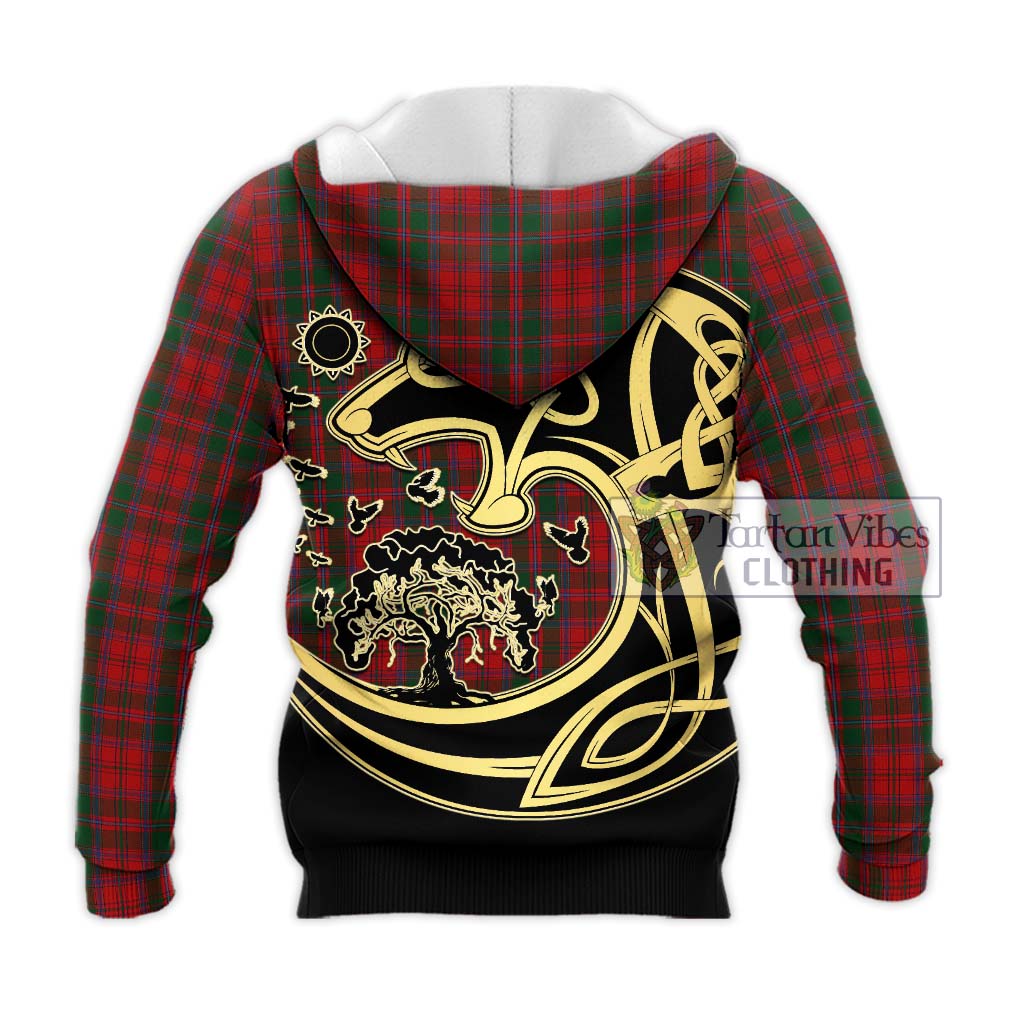 Tartan Vibes Clothing Dundas Red Tartan Knitted Hoodie with Family Crest Celtic Wolf Style