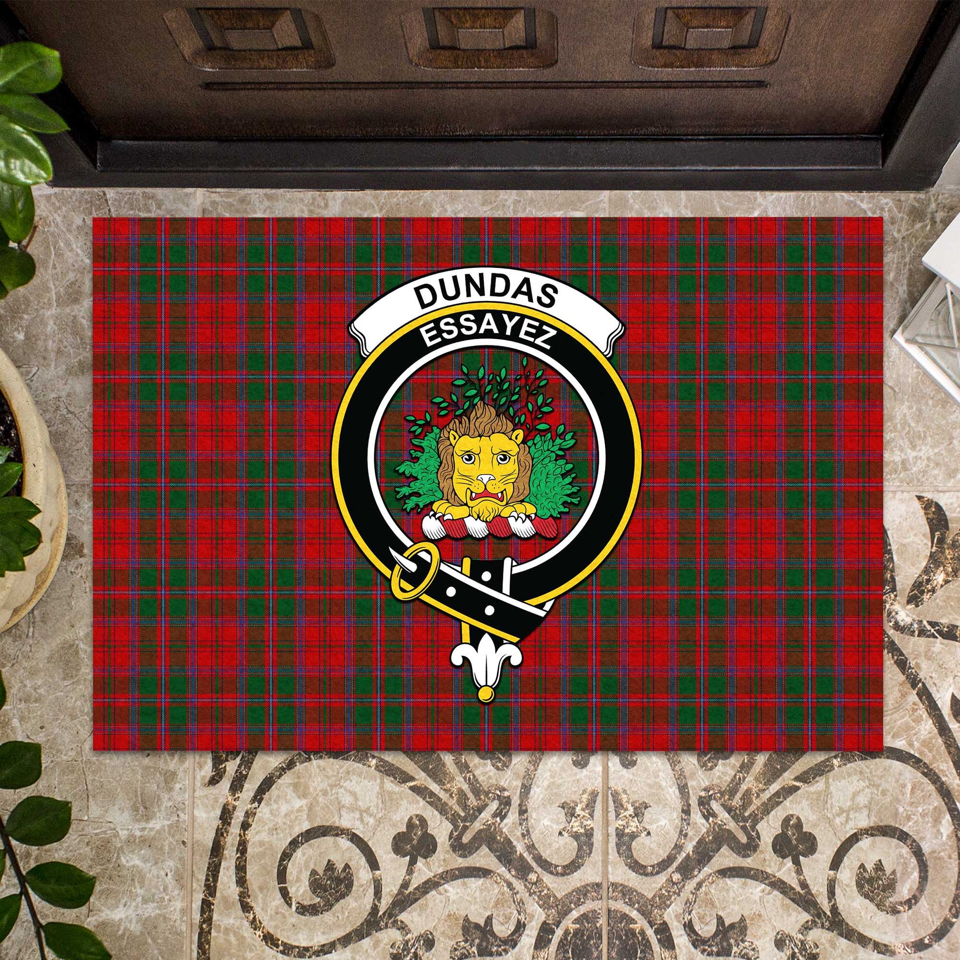 Dundas Red Tartan Door Mat with Family Crest - Tartanvibesclothing