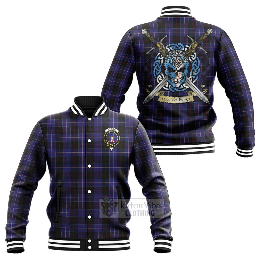 Tartan Vibes Clothing Dunlop Tartan Baseball Jacket with Family Crest Celtic Skull Style