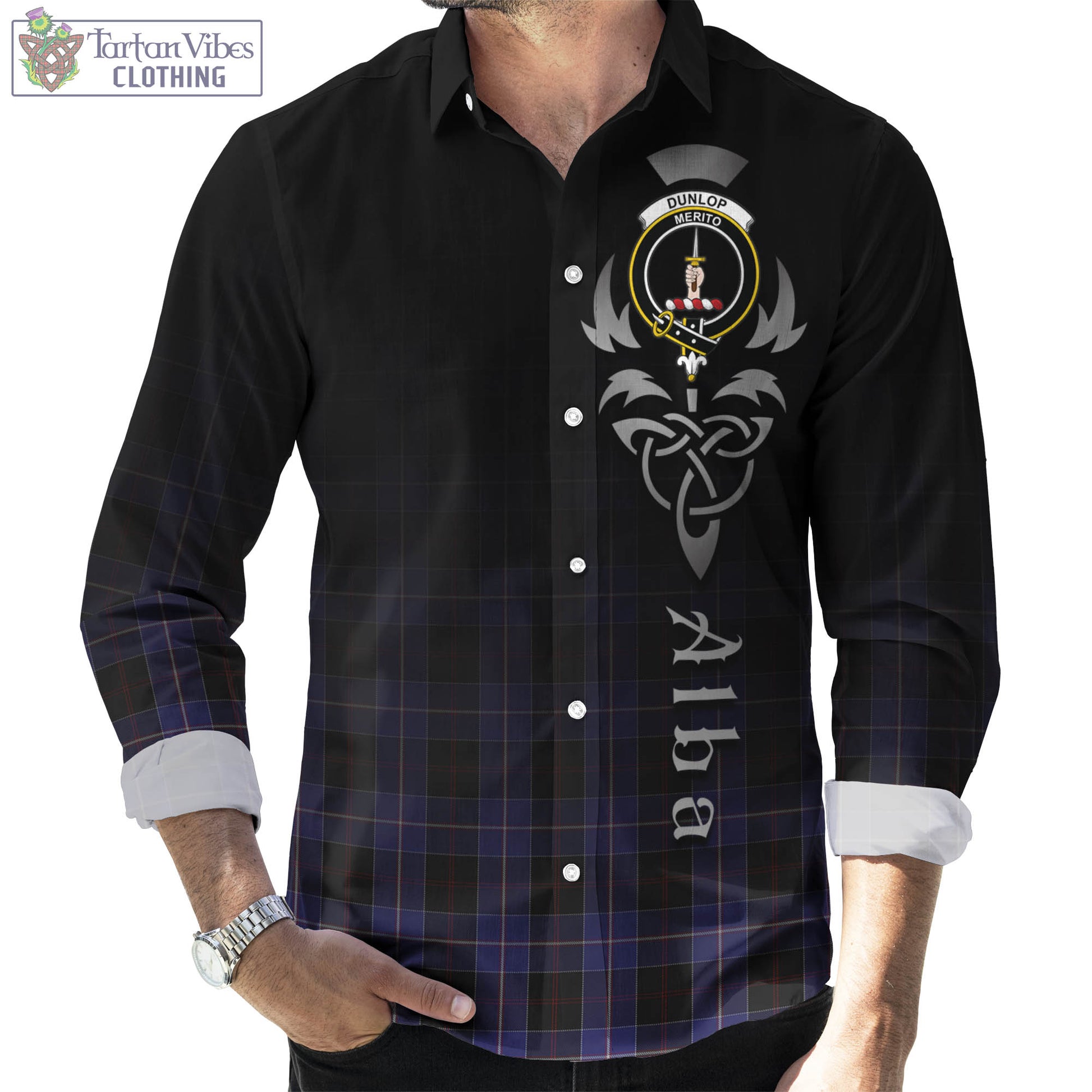 Tartan Vibes Clothing Dunlop Tartan Long Sleeve Button Up Featuring Alba Gu Brath Family Crest Celtic Inspired