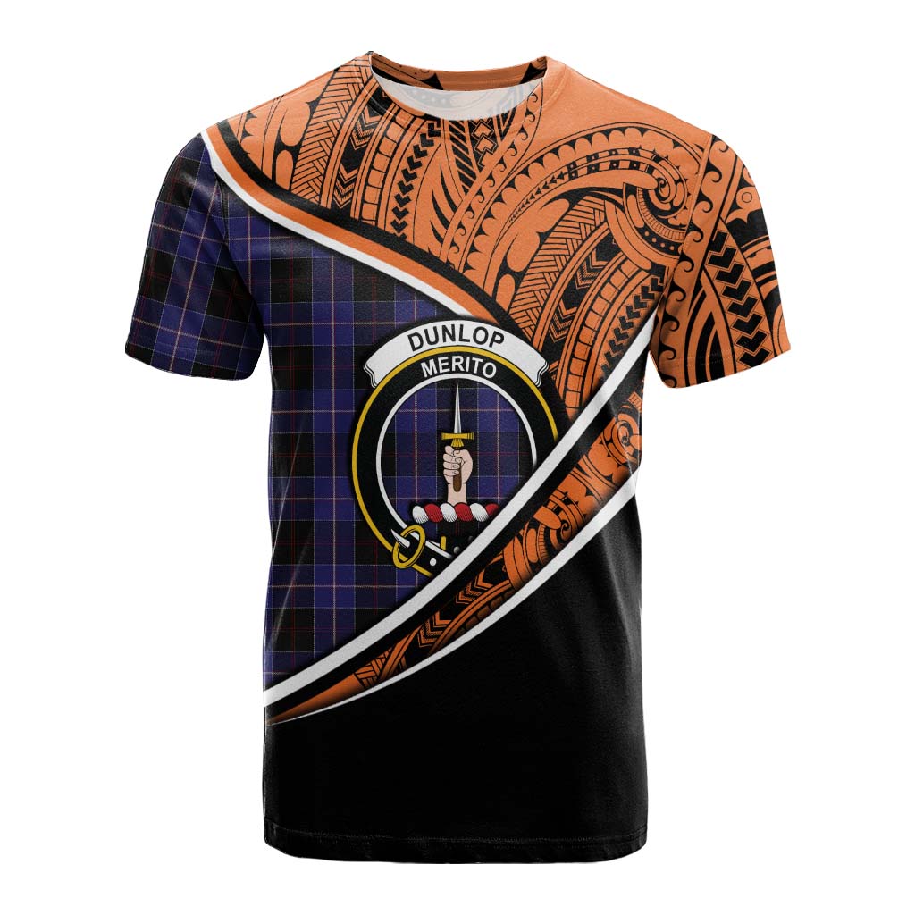 Tartan Vibes Clothing Dunlop Crest Tartan Cotton T-shirt with Maori Tattoo Style - Orange Version