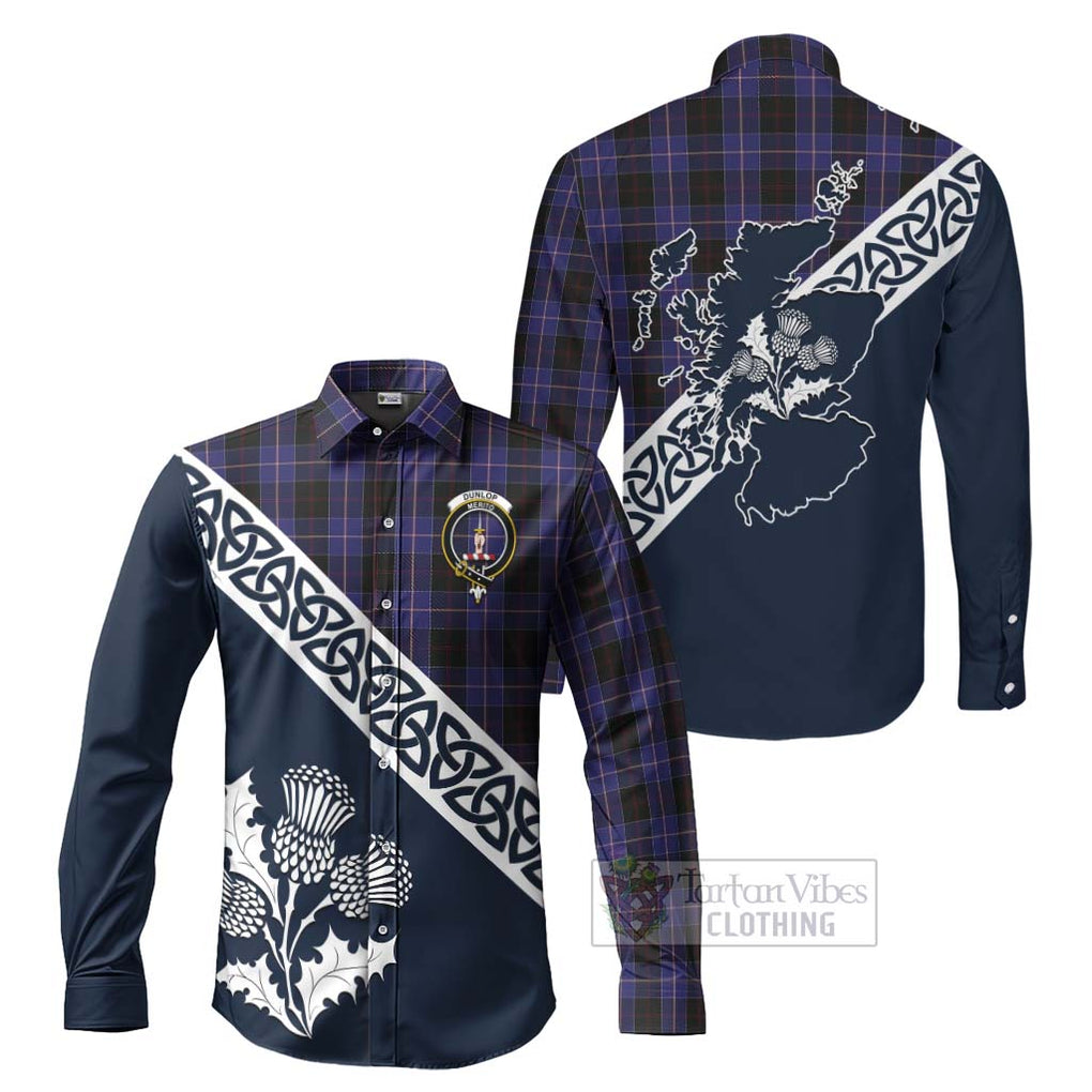 Tartan Vibes Clothing Dunlop Tartan Long Sleeve Button Shirt Featuring Thistle and Scotland Map