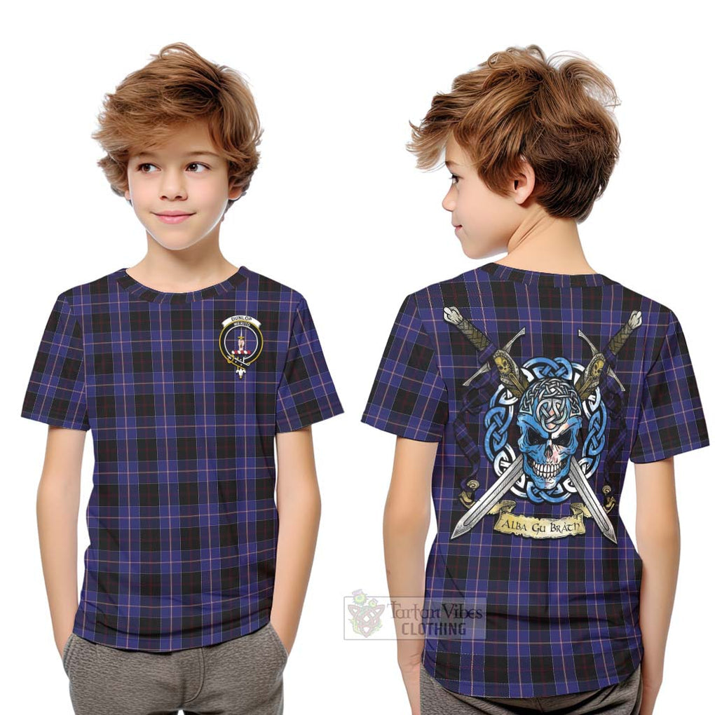 Tartan Vibes Clothing Dunlop Tartan Kid T-Shirt with Family Crest Celtic Skull Style