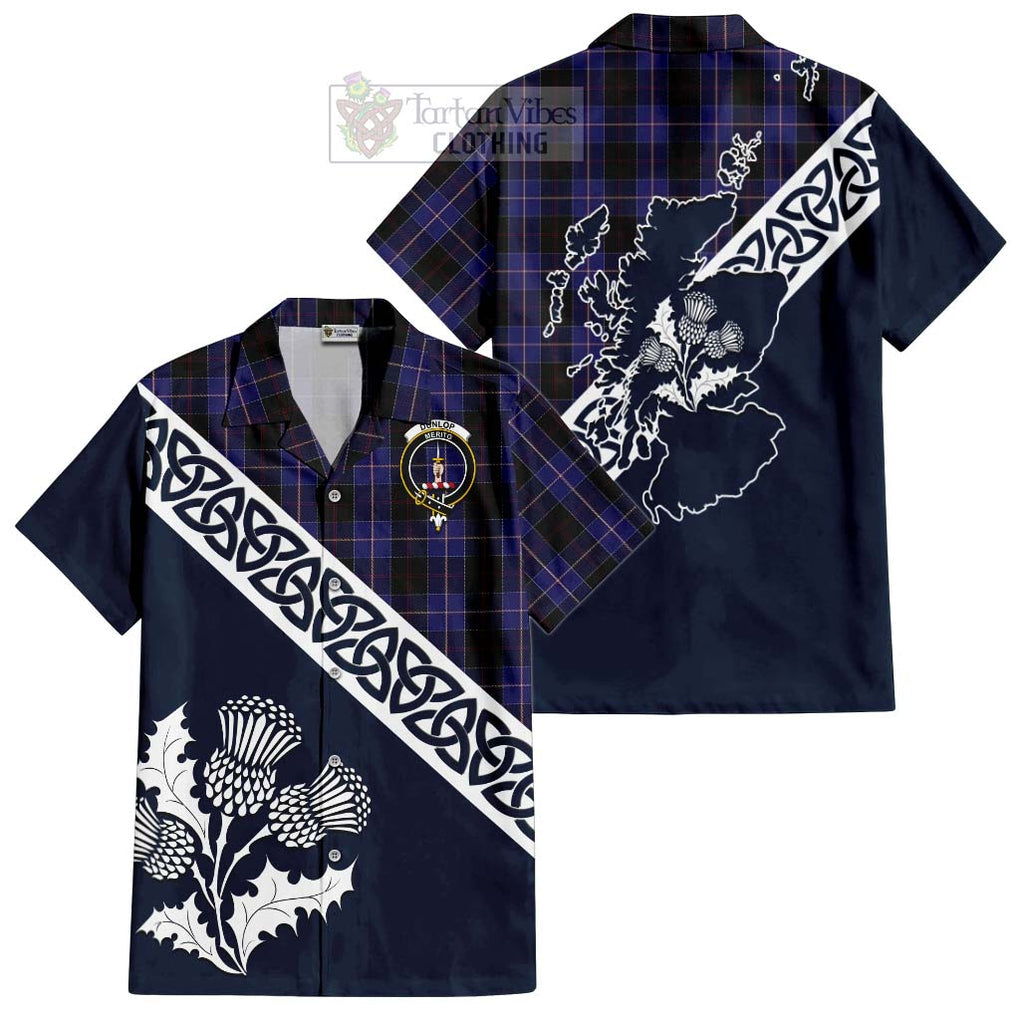 Tartan Vibes Clothing Dunlop Tartan Short Sleeve Button Shirt Featuring Thistle and Scotland Map