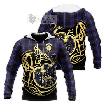 Dunlop Tartan Knitted Hoodie with Family Crest Celtic Wolf Style