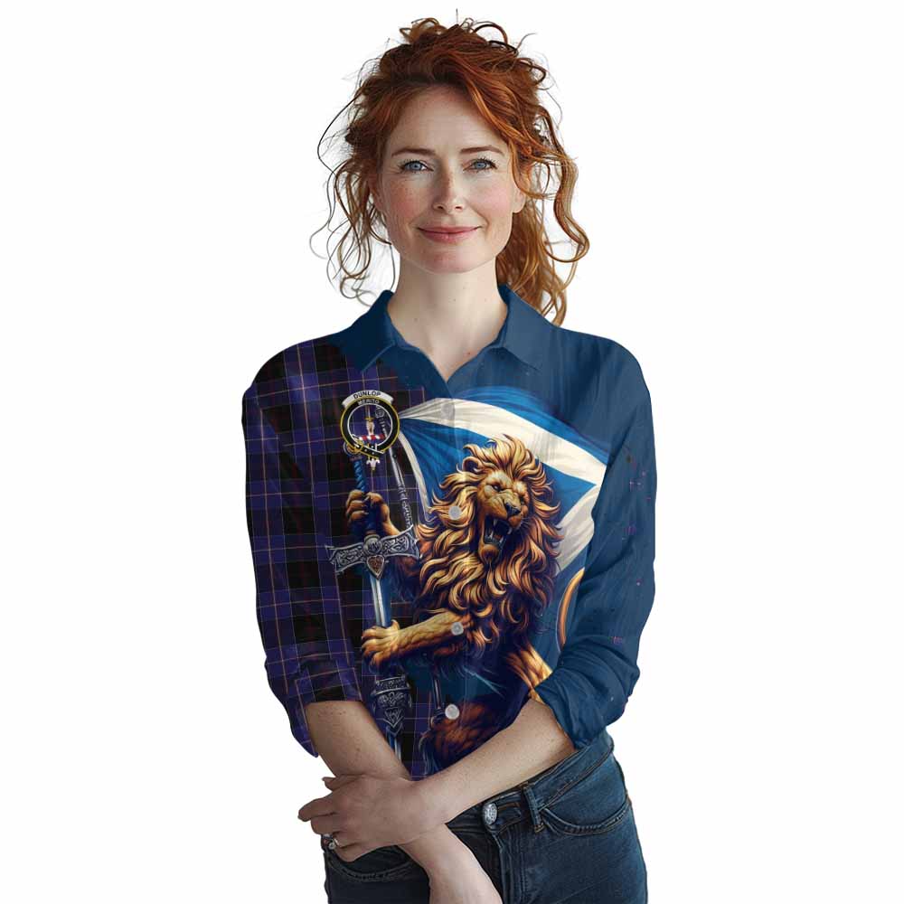 Tartan Vibes Clothing Dunlop Tartan Family Crest Women's Casual Shirt with Scottish Majestic Lion