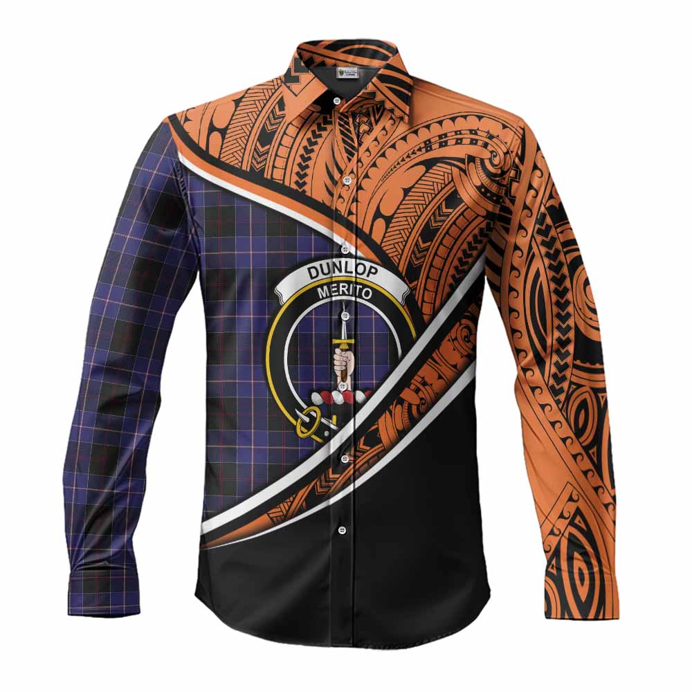 Tartan Vibes Clothing Dunlop Crest Tartan Long Sleeve Button Shirt with Maori Tattoo Style - Orange Version