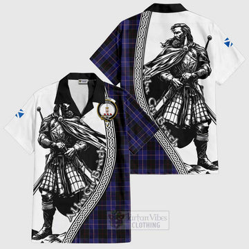 Dunlop Tartan Clan Crest Short Sleeve Button Shirt with Highlander Warrior Celtic Style