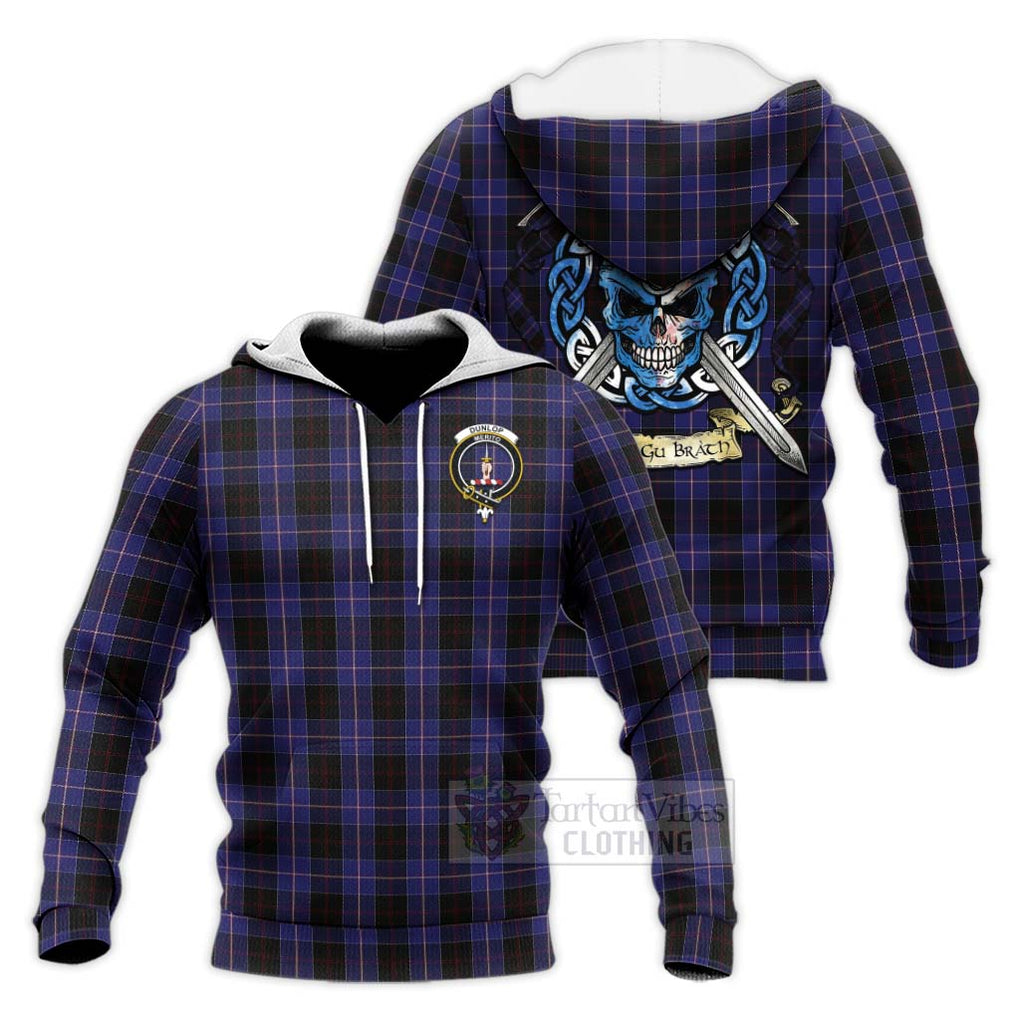 Tartan Vibes Clothing Dunlop Tartan Knitted Hoodie with Family Crest Celtic Skull Style