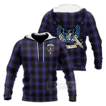 Dunlop Tartan Knitted Hoodie with Family Crest Celtic Skull Style