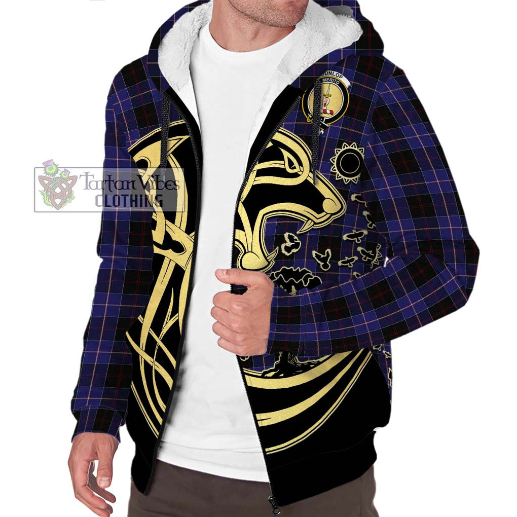 Dunlop Tartan Sherpa Hoodie with Family Crest Celtic Wolf Style Unisex S - Tartan Vibes Clothing