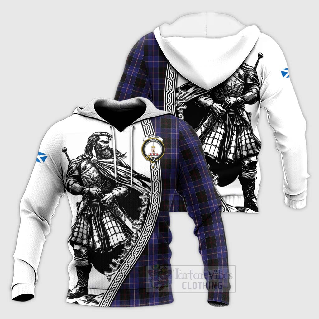 Tartan Vibes Clothing Dunlop Tartan Clan Crest Knitted Hoodie with Highlander Warrior Celtic Style