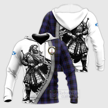 Dunlop Tartan Clan Crest Knitted Hoodie with Highlander Warrior Celtic Style