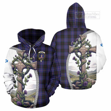 Dunlop Tartan Hoodie with Family Crest and St. Andrew's Cross Accented by Thistle Vines