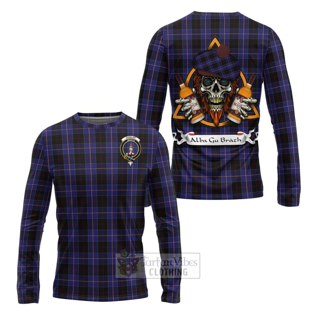 Tartan Vibes Clothing Dunlop Tartan Long Sleeve T-Shirt with Family Crest and Bearded Skull Holding Bottles of Whiskey