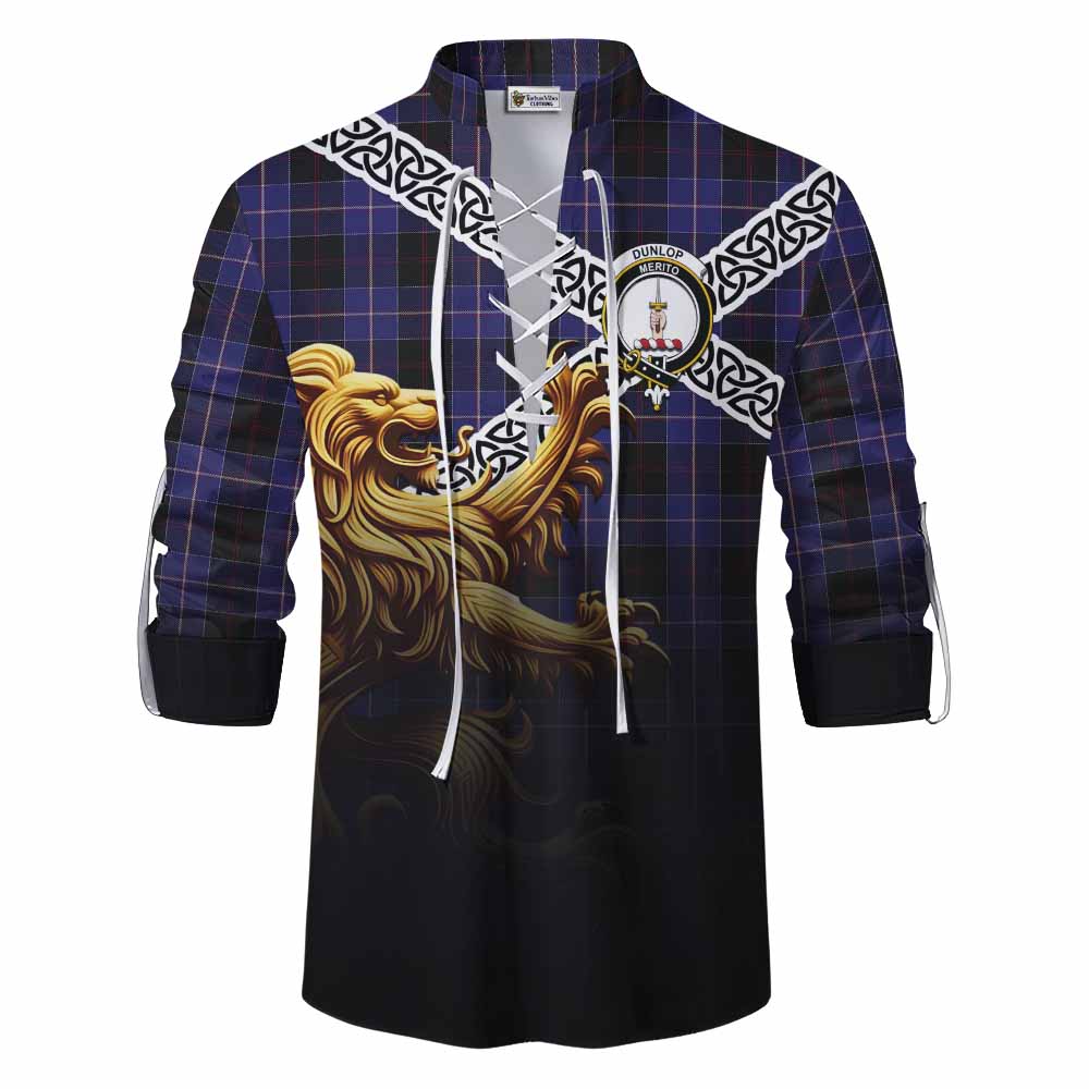 Dunlop Crest Tartan Ghillie Kilt Shirt with Golden Lion Emblem Celtic Style Men - Tartan Vibes Clothing