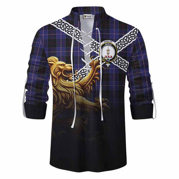 Dunlop Crest Tartan Ghillie Kilt Shirt with Golden Lion Emblem Celtic Style Men - Tartan Vibes Clothing