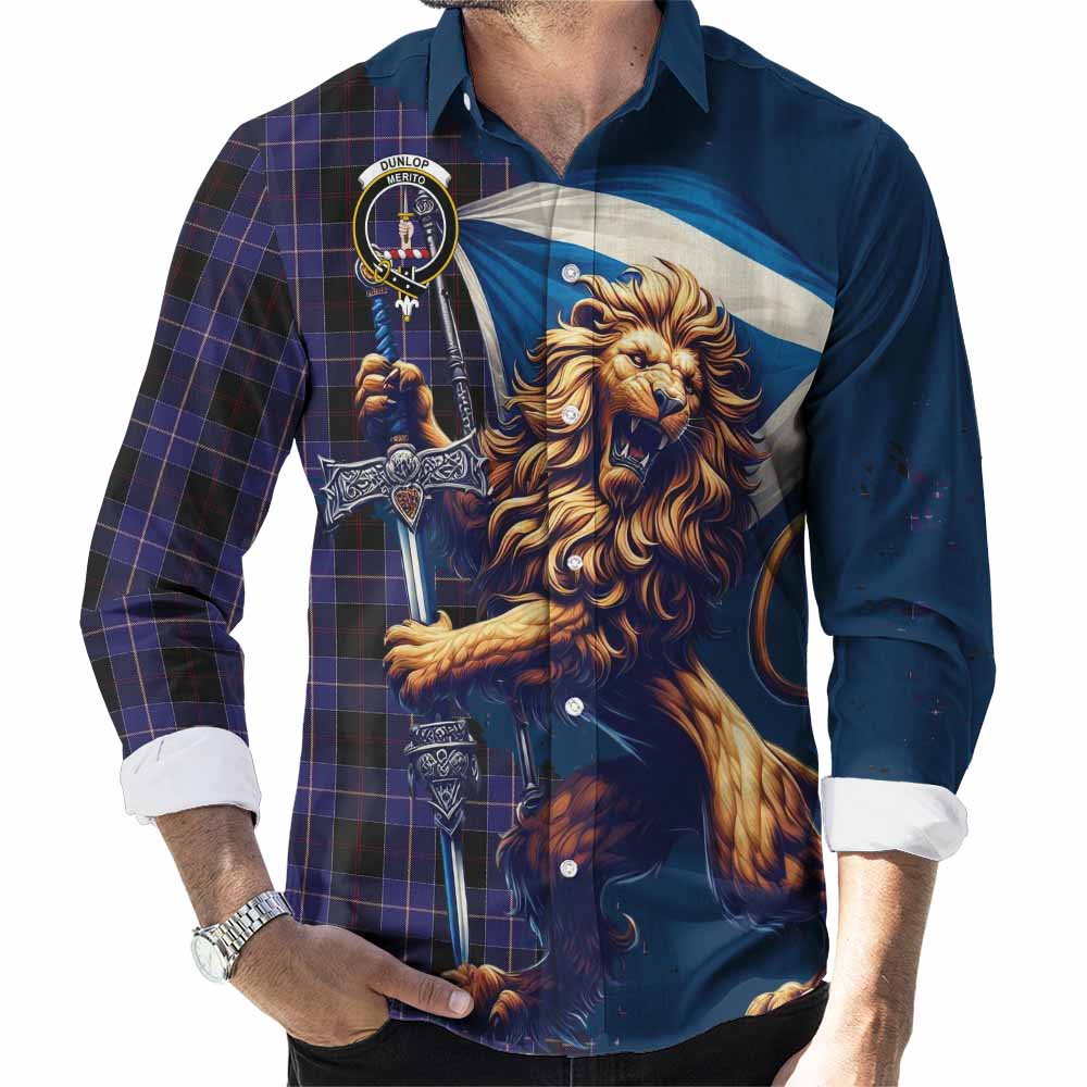 Tartan Vibes Clothing Dunlop Tartan Family Crest Long Sleeve Button Shirt with Scottish Majestic Lion