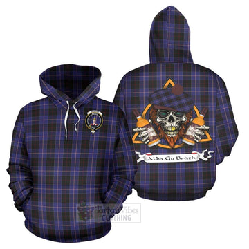 Dunlop Tartan Hoodie with Family Crest and Bearded Skull Holding Bottles of Whiskey